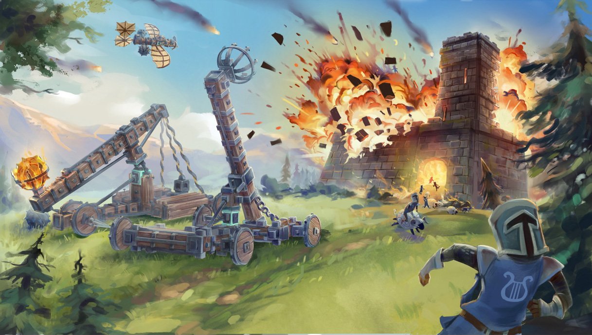 Une scène de jeu vidéo avec un château en feu, des torpilles, un canon, et un chevalier en armure dans une forêt. Illustration pour Besiege