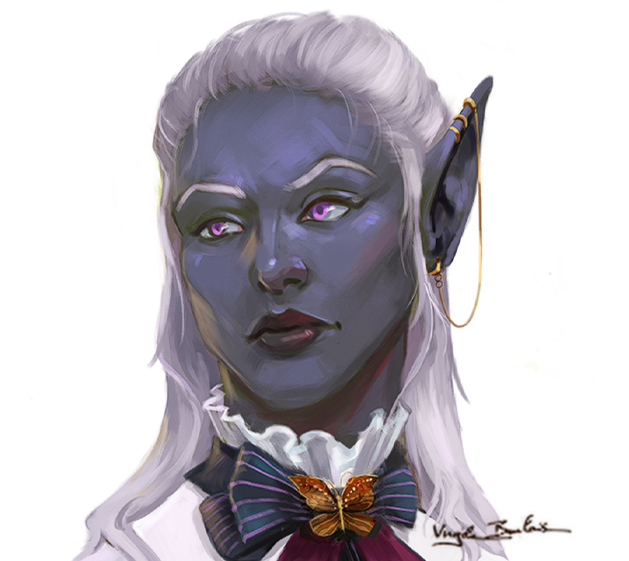 Portrait d'une elfe aux traits sombres, cheveux longs et blancs, dans un style peint