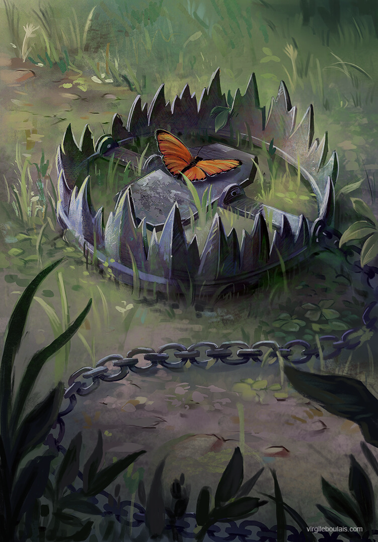 Illustration d'un piège à ours dissimulé dans l'herbe. Un papillon se pose dessus