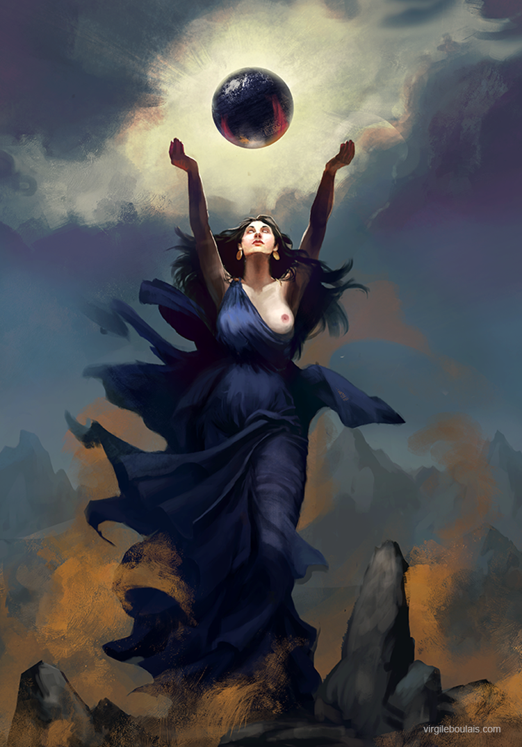 Illustration d'Hécate sous la forme d'une femme en longue robe bleue, avec des bras levés vers un ciel orageux, entourée de nuages et de rochers et invoquant une orbe sombre