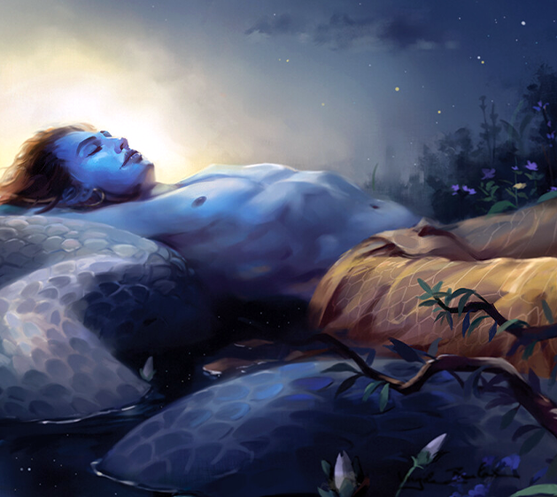 Portait du dieu hindou Vishnu, allongé sur le serpent Ananta Shesha les yeux clos, un sourire aux lèvres dans un jardin nocturne