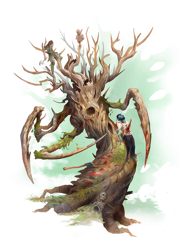 Un arbre étrange avec des branches dénudées, semblant semi-vivant, et une figure humaine assise sur une branche, avec une crâne posé à ses pieds.