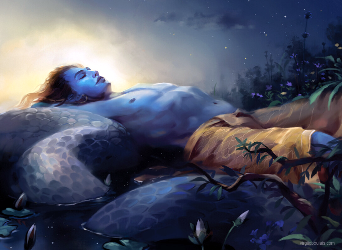 Portait du dieu hindou Vishnu, allongé sur le serpent Ananta Shesha les yeux clos, un sourire aux lèvres dans un jardin nocturne