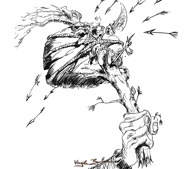 Dessin noir et blanc d'une main tenant une arme improvisée avec un gobelin lié et prêt à charger