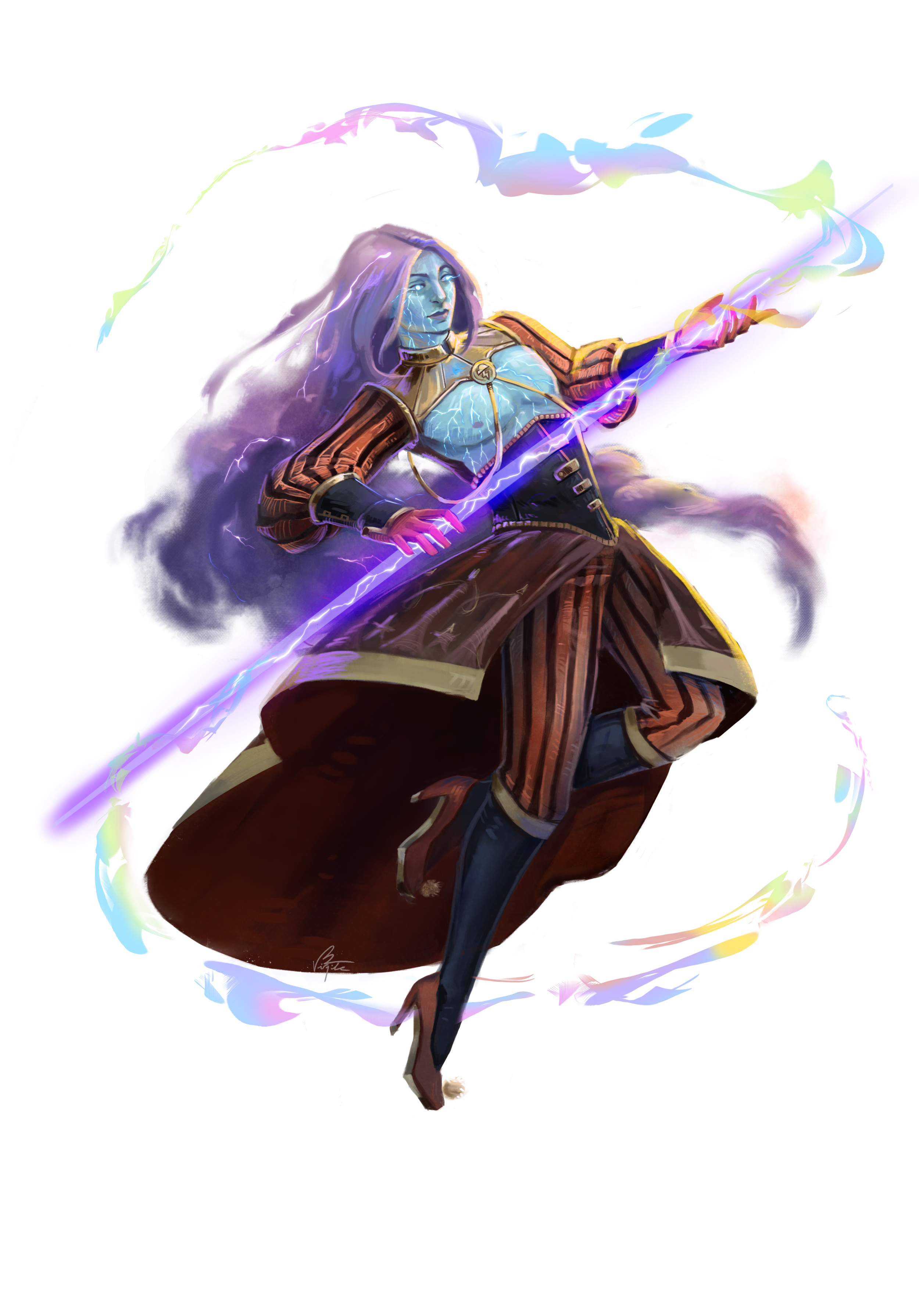 illustration d'un personnage androgyne mage, tenant un bâton de foudre, entourée d'effets de lumière et d'énergie, avec une expression déterminée, portant une robe et un manteau longs.