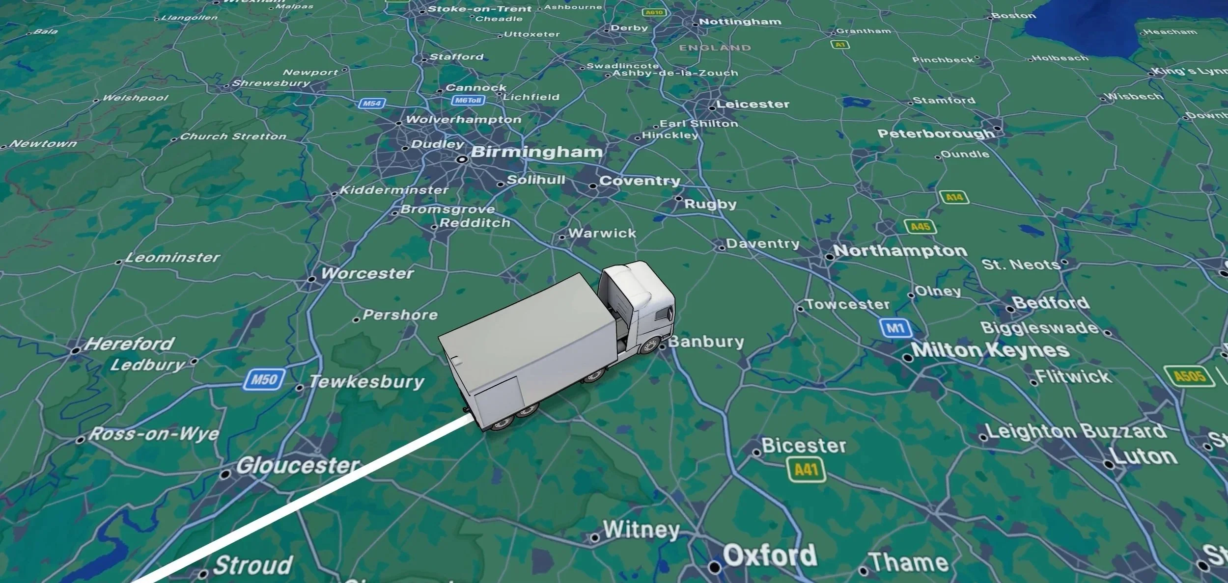 A digital map showing a large truck traveling over central England, with cities like Birmingham, Leicester, Northampton, and Oxford marked on the map.