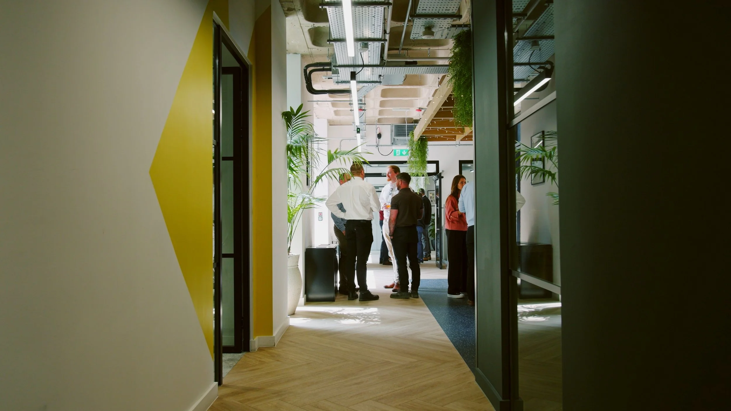 Office corridor leading to a group of people standing and talking near the entrance, with plants and modern decor.