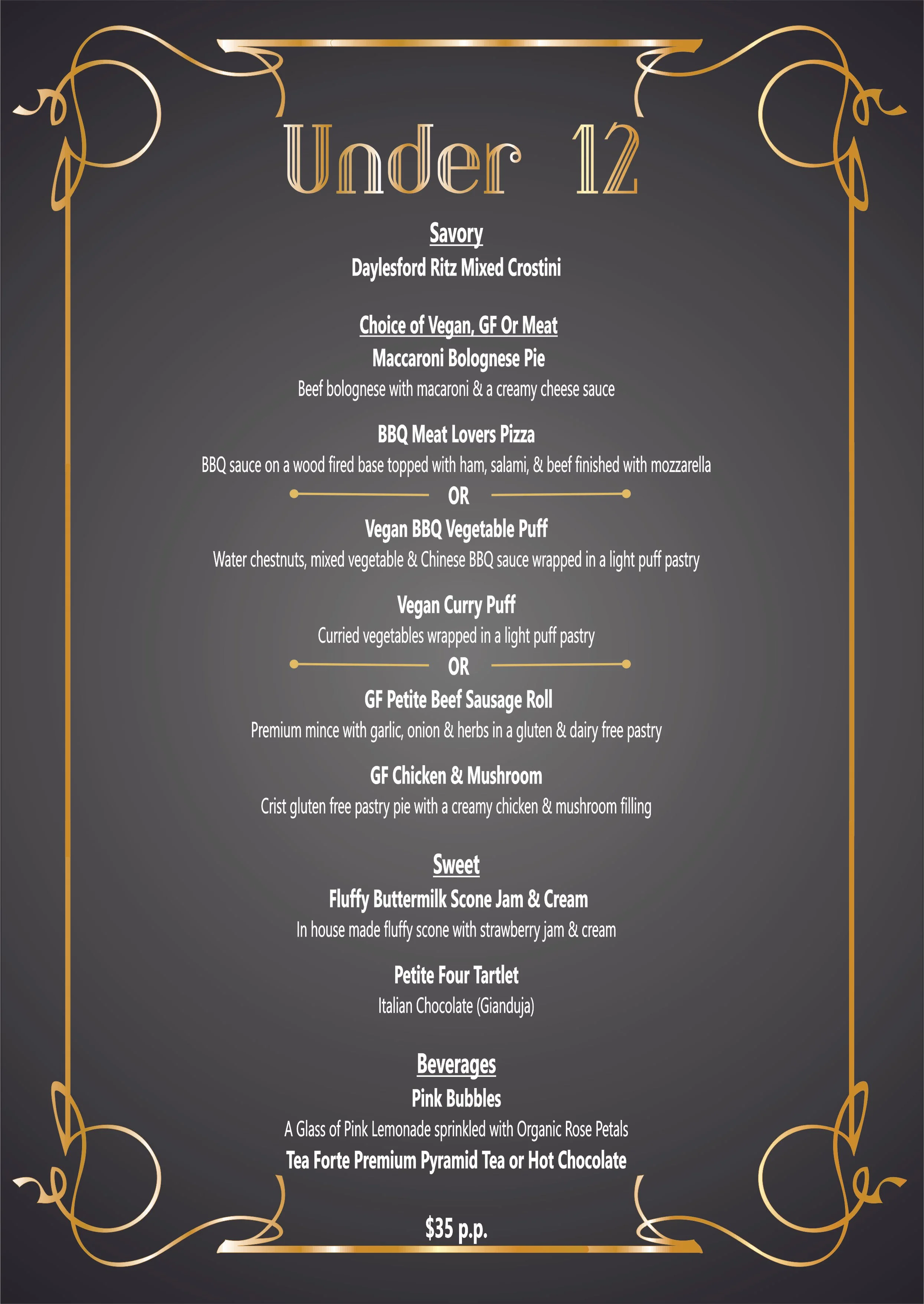 Menu for children under 12 with savory options including crostini, pasta, pizza, and vegan or gluten-free options, desserts like scone and chocolate, and beverages like pink lemonade and hot chocolate, priced at $35 per person.