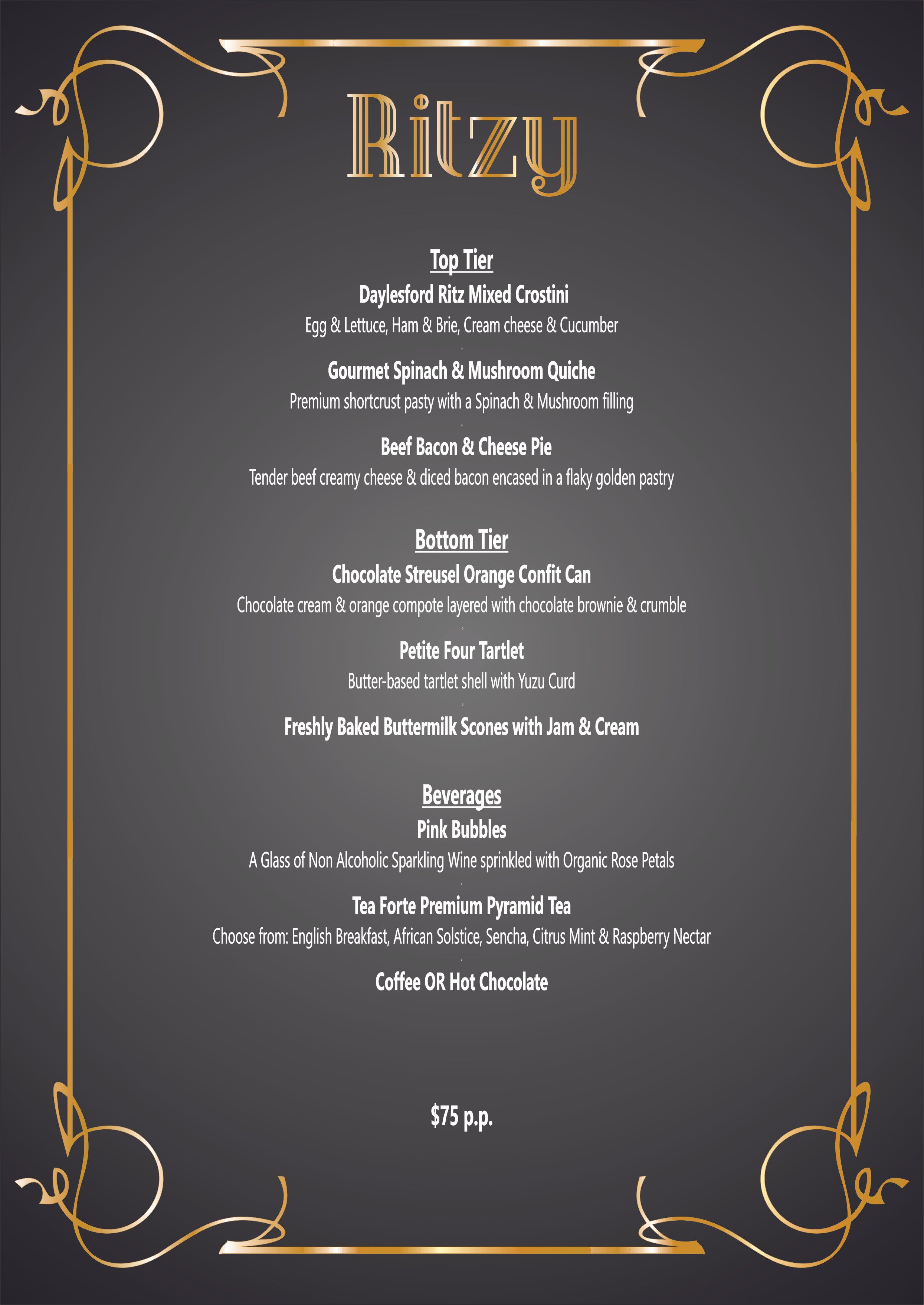 Menu for Ritz restaurant featuring two tiers of dishes and beverages, including appetizers, main courses, desserts, and drinks with elegant gold decorative borders on a dark background.