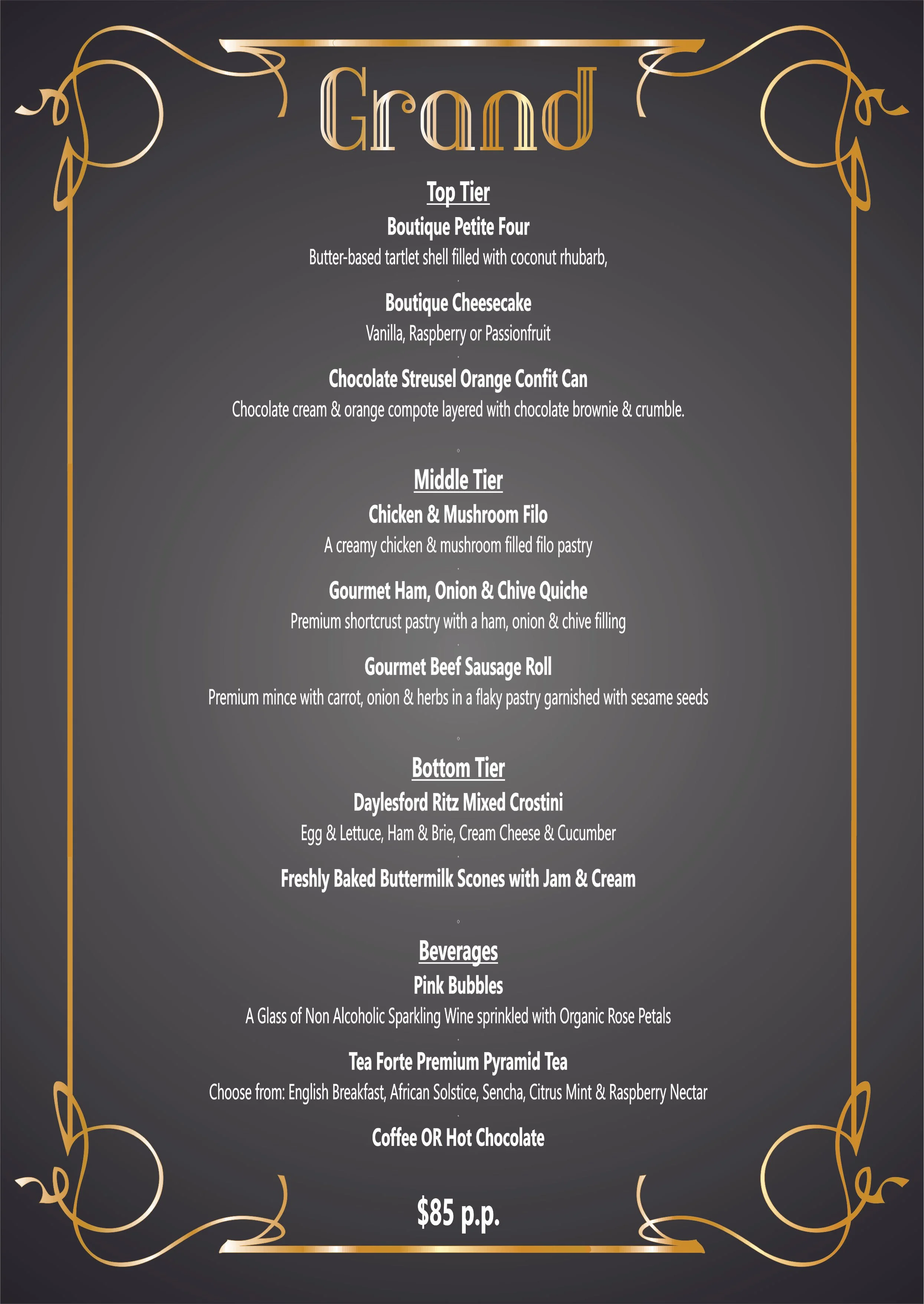 Grand menu featuring tiered courses with desserts, main dishes, sides, beverages, and price, on a dark background with gold decorative borders.