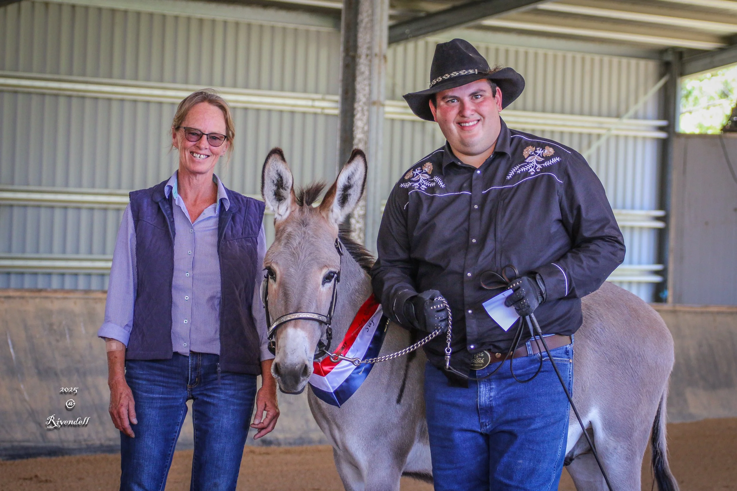 A young man in western attire stands with his winning supreme halter donkey next to the 2025 DABSA National Show judge. The donkey has a red, white, and blue sash around its neck.