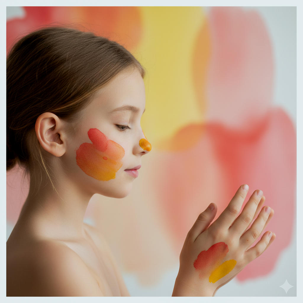 Niña con pintura en la cara y la mano, frente a un fondo de colores suaves y borrosos.