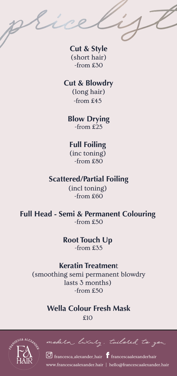Francesca Alexander Hair Price List