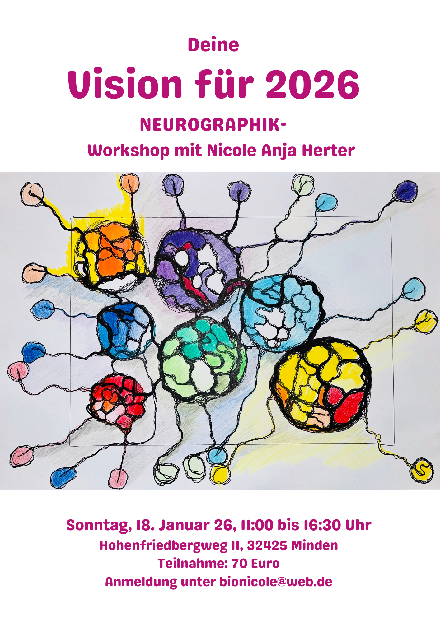 Plakat für einen Neurographik-Workshop mit Nicole Anja Herter, am 18. Januar 2026, mit einer bunten Neurographik-Zeichnung im Hintergrund