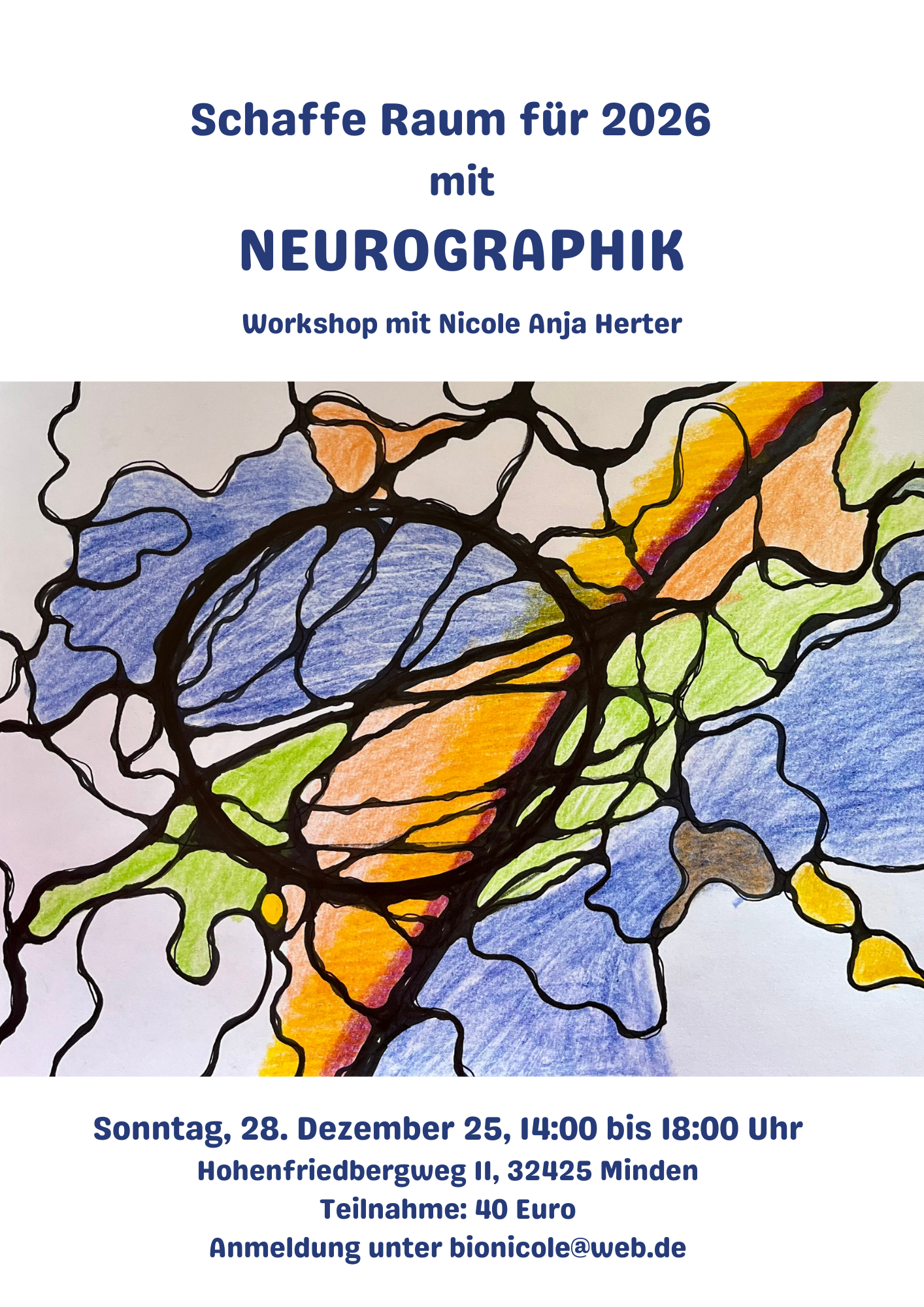 Flyer für einen Workshop am 28. Dezember 2025 über Neurographik mit einem abstrakten, bunten, neuronähnlichen Kunstwerk.