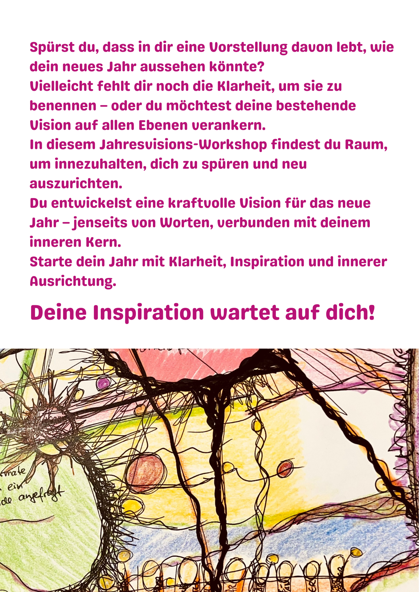 Kunstvolles, farbenfrohes Bild mit dunklen, verschlungenen Linien, die unterschiedliche Farben und Formen umkreisen und verbinden.