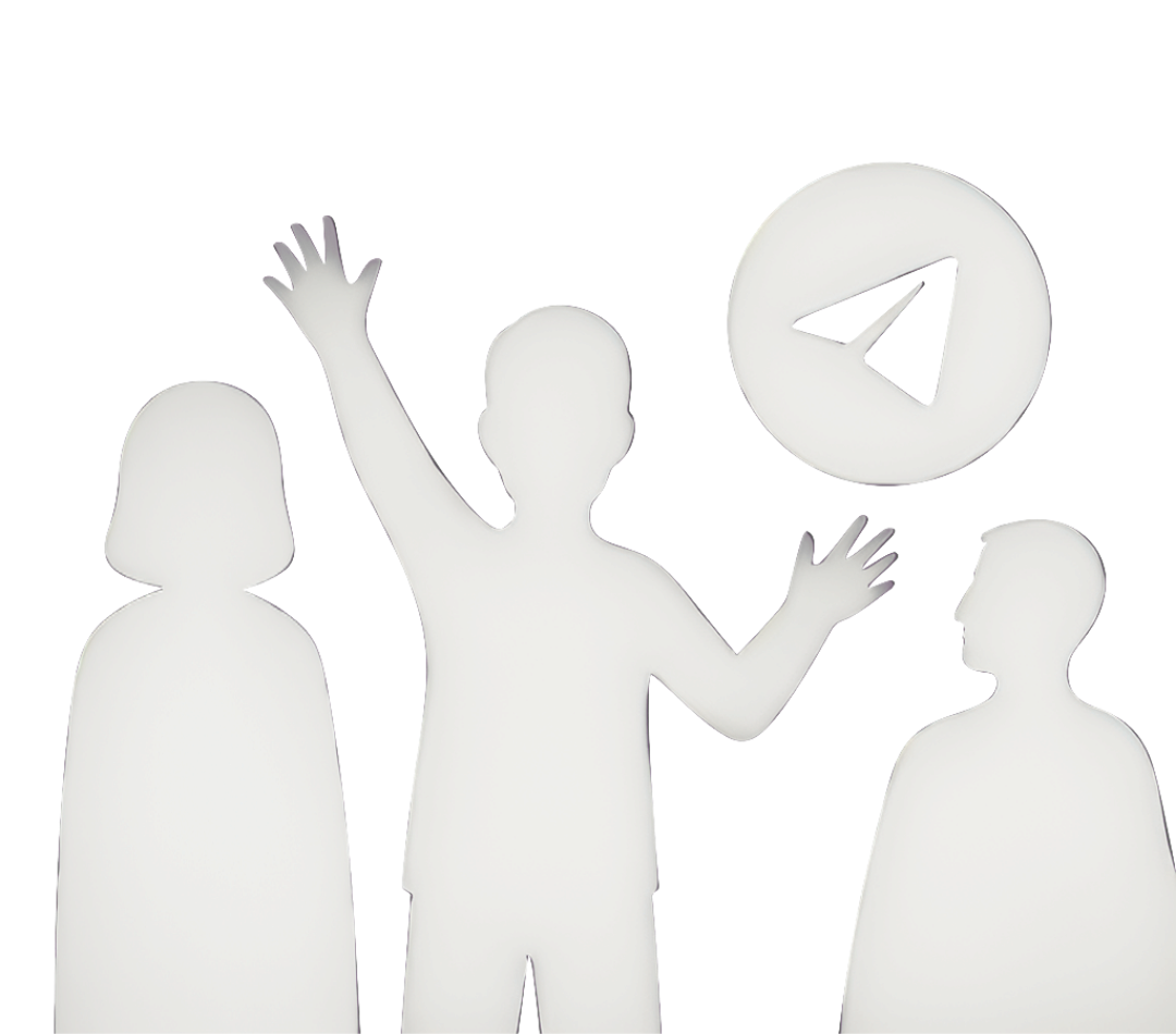 Schattenfigur eines Menschen spricht vor zwei weiteren Schattenfiguren, über einem Gesprächssymbol.