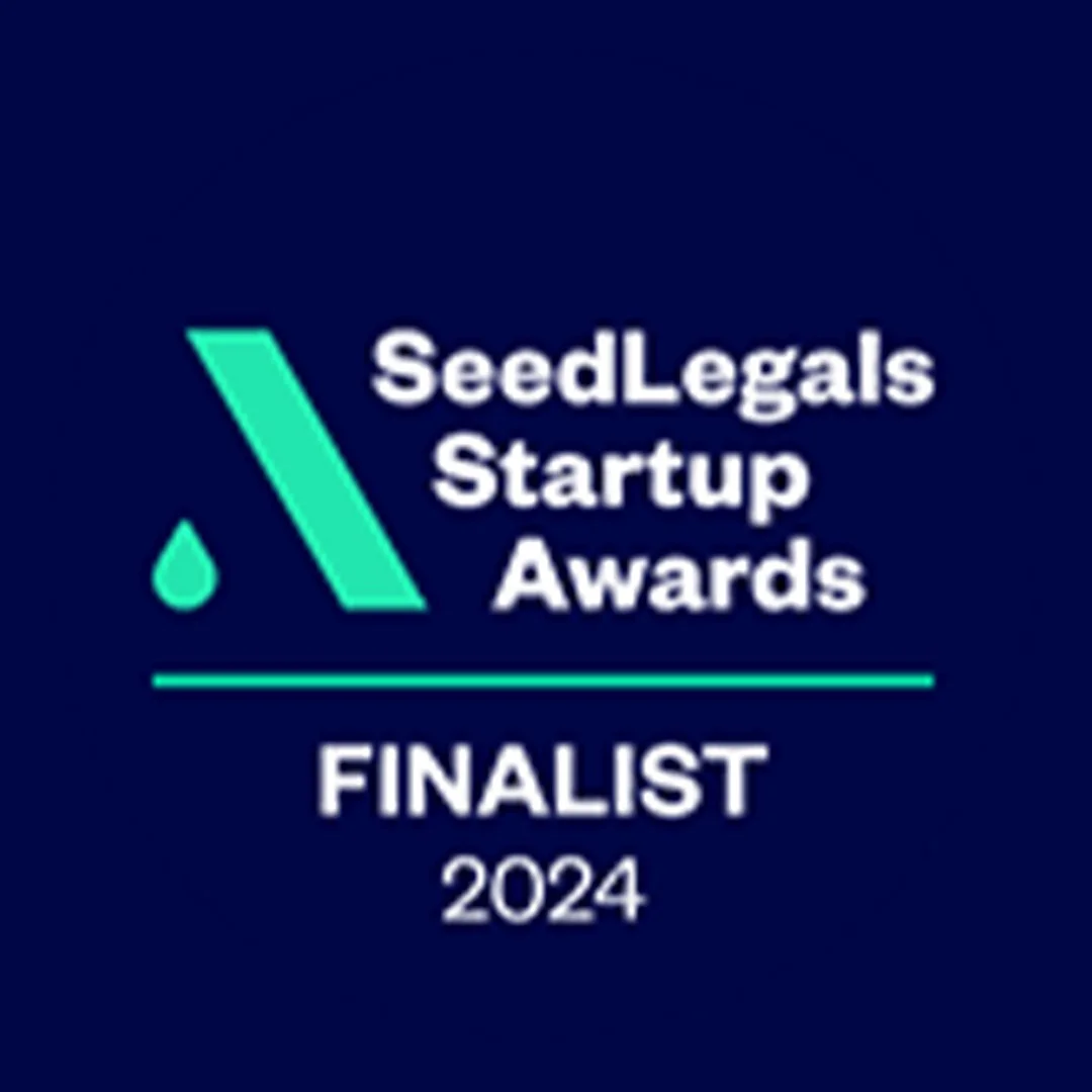 SeedLegals Startup Awards 2024 finalist badge with a navy blue background, a stylized teal 'A' with a drop shape, and white text.