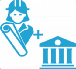 PartnerBuilt Icon of a person holding a scroll next to a classical building with columns, separated by a plus sign.