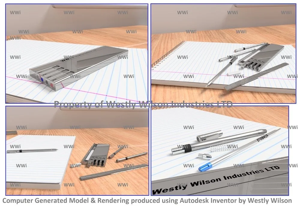 Collection of drafting tools including a mechanical pencil, eraser, ruler, compass, and notepad on a wooden surface.
