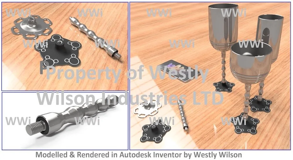 A set of mechanical parts, including gears, shafts, and gaskets, displayed on a wooden surface, and two completed top hat-shaped objects made from similar parts, with gaskets and a small film card.