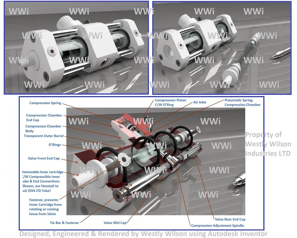 A detailed diagram and 3D rendering of a hydraulic or pneumatic cylinder assembly, showing various parts labeled including compression spring, piston, chamber, end caps, O-rings, valve, and inner cartridge, displayed on a reflective surface with some disassembled components.