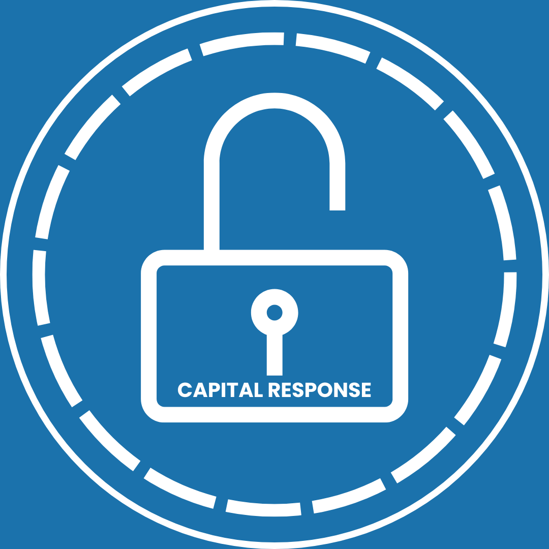 Icon of an unlocked padlock with the words 'CAPITAL RESPONSE' inside, set against a blue background, indicating security or protection and access control.