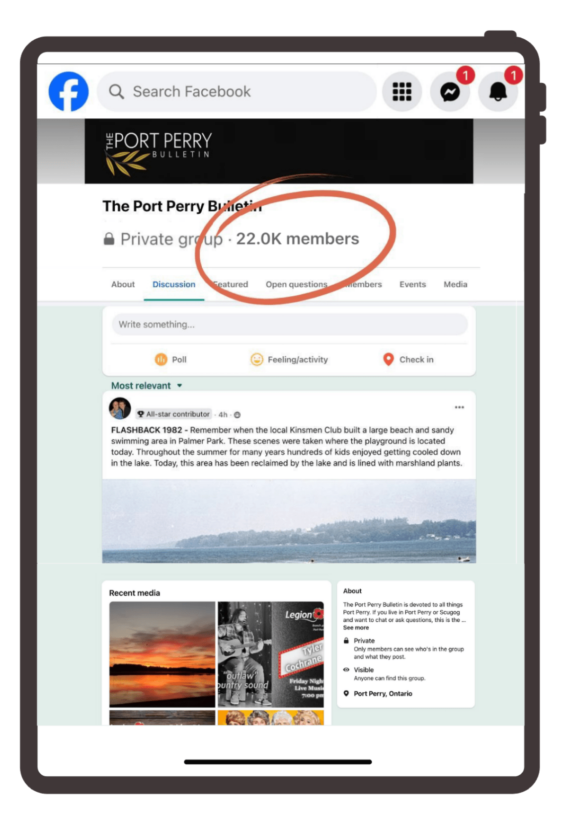Facebook group titled 'The Port Perry Bulletin,' with 22,000 members.