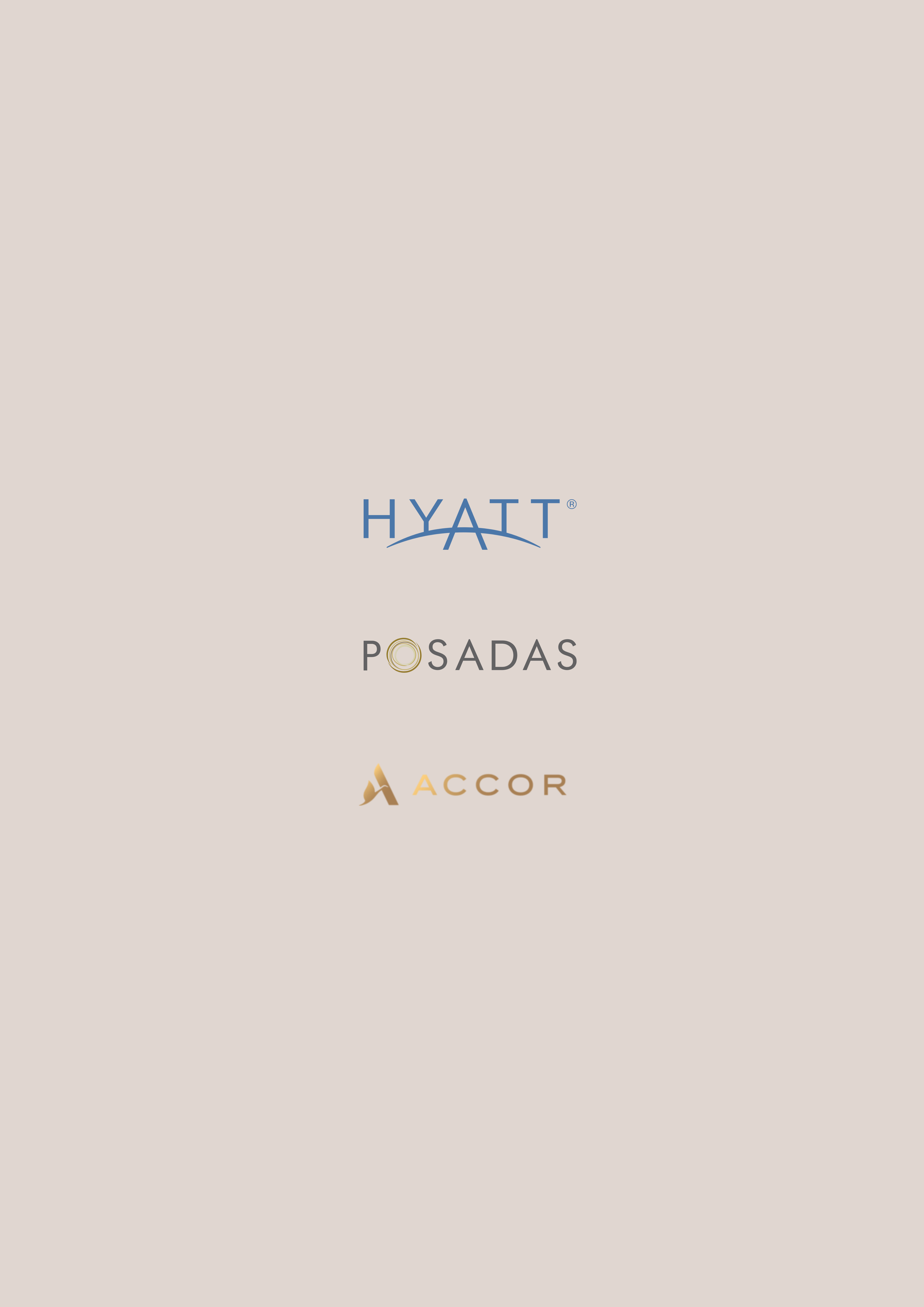 Logo design for Hyatt, Posadas, and Accor hotel chains on a beige background.