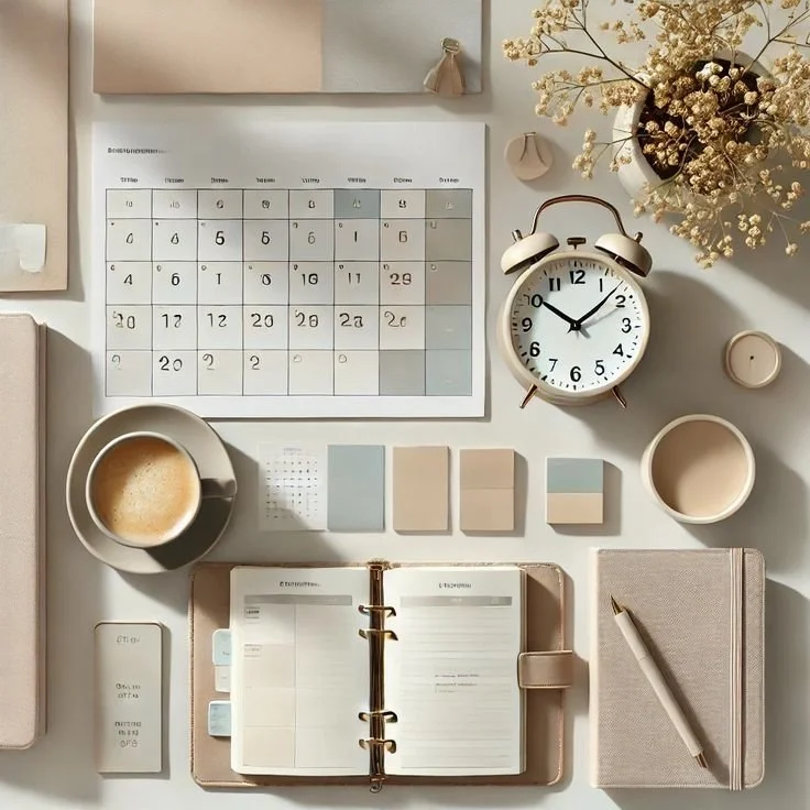 An organized workspace with a calendar, alarm clock, coffee mug, planner, notebooks, sticky notes, and flowers on a white desk.
