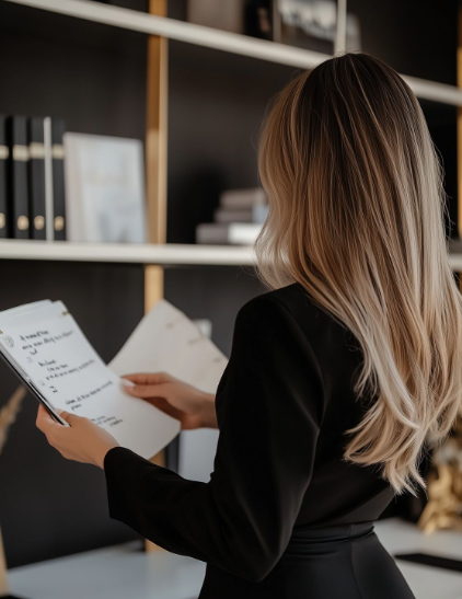 A woman with long, wavy blonde hair in a black blazer holding and reading a document in an office.