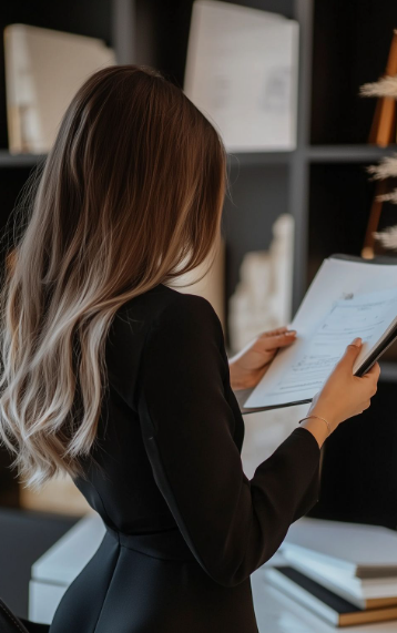 A woman with long, wavy hair wearing a black blazer, holding and looking at a tablet in a modern office setting.