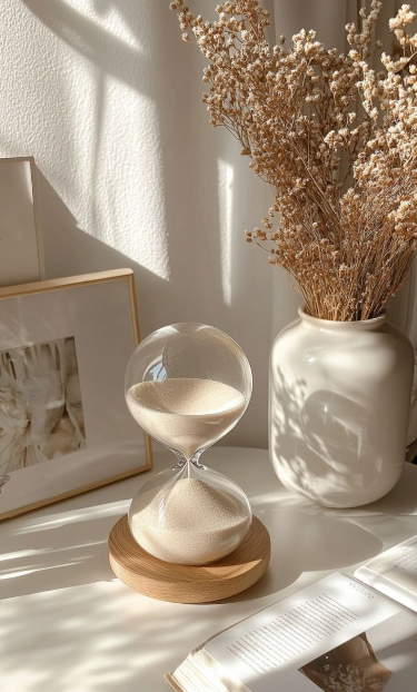 A decorative glass hourglass with white sand on a wooden base, a white vase with dried flowers, a framed photo, and an open book on a white surface with sunlight casting shadows.