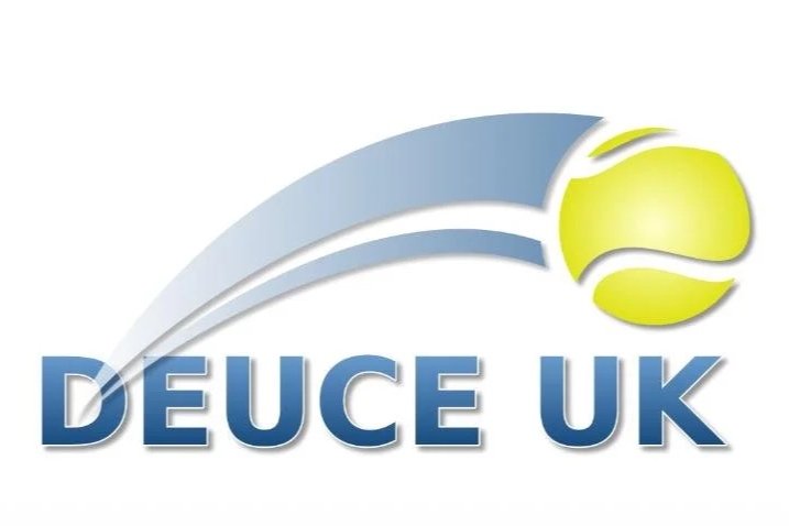 Deuce UK logo with blue text, a stylized blue and yellow tennis ball and swoosh design.