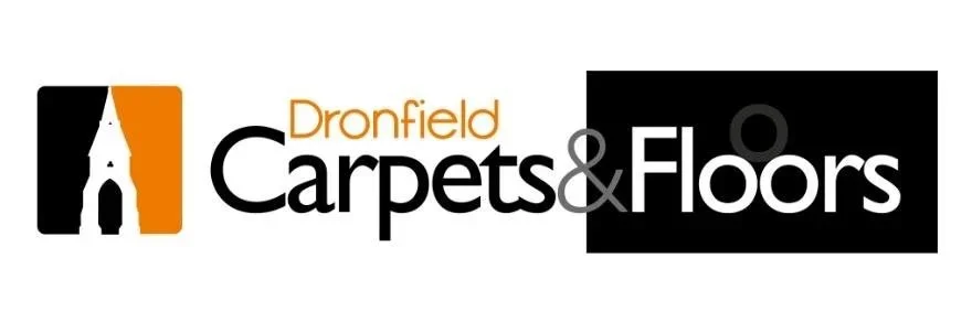 Logo for Dronfield Carpets & Floors, featuring a stylized door and hanging lamp in black and white with orange accents.