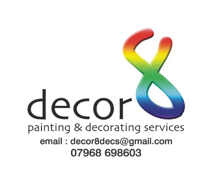 Business card for Decor, painting and decorating services, with a colorful, artistic logo resembling a stylized ribbon or paint stroke, and contact information including email and phone number.