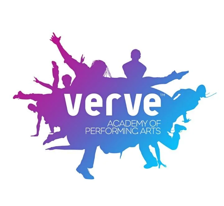 Colorful logo for Verve Academy of Performing Arts featuring silhouettes of dancers and performers in purple and blue gradients.