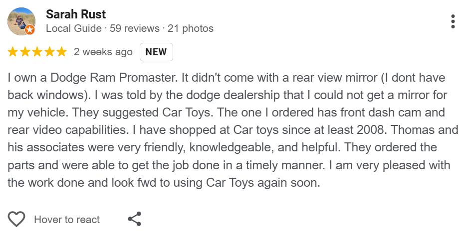 Customer review post by Sarah Rust about purchasing a car toy for her Dodge Ram Promaster, mentioning friendly service and product features.