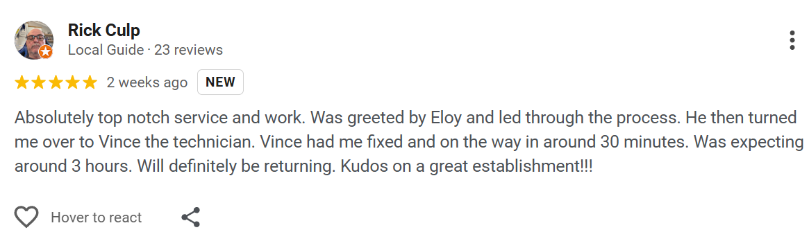 Google review for a service, five-star rating by Rick Culp, describing excellent customer service from Eli and Vince, with praise for the small business.