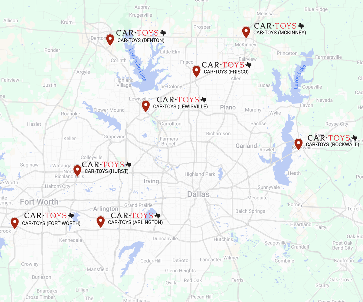 Map showing locations of Car Toys stores across Texas, including Denton, McKinney, Frisco, Lewisville, Rockwall, Hurst, Arlington, and Fort Worth.