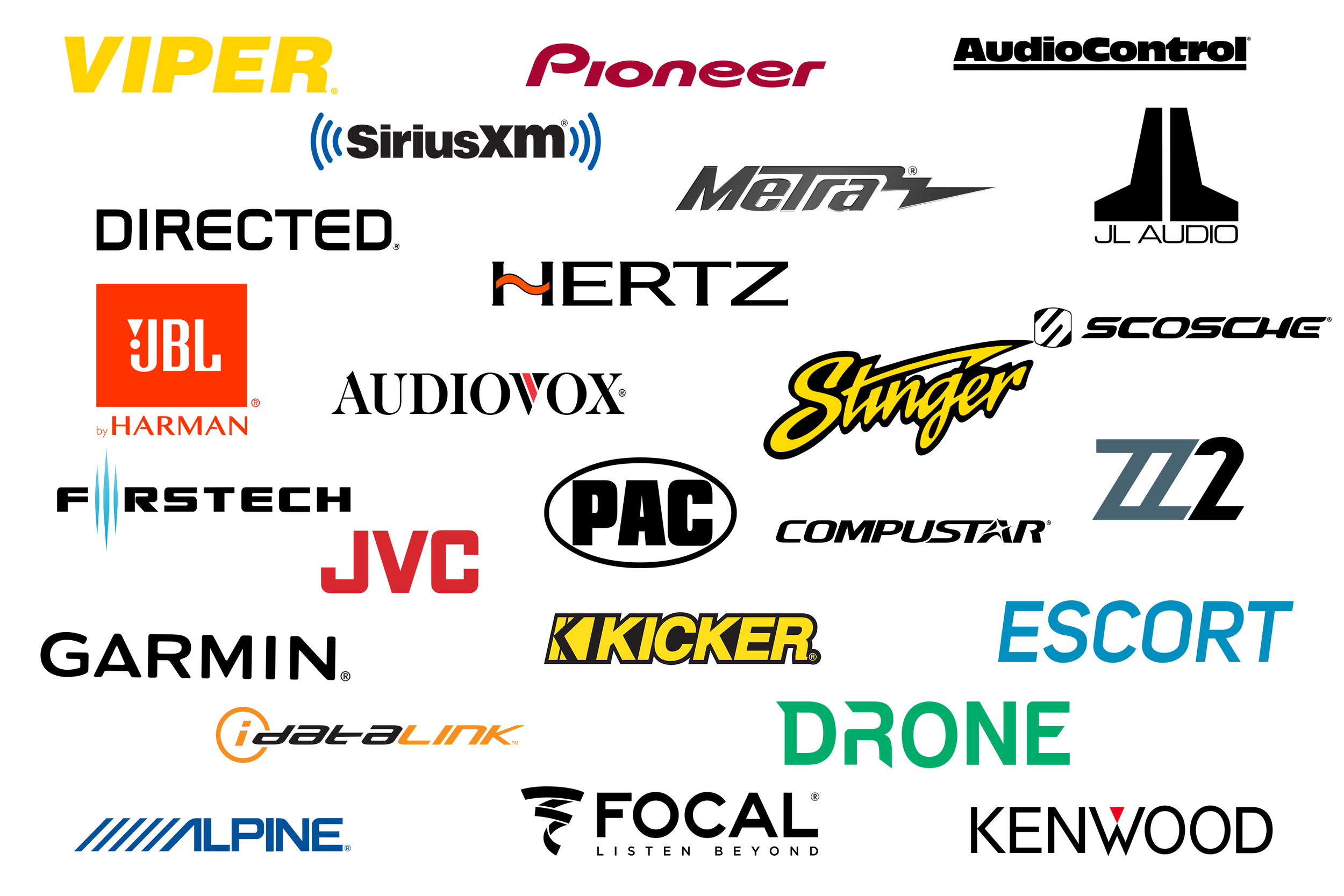 Collection of logos for various audio and electronic brands including Viper, Pioneer, AudioControl, SiriusXM, Metra, JL Audio, Directed, Hertz, JBL, Audiovox, Scosche, Stinger, ZZ, FirstTech, PAC, Compustar, JVC, Kicker, Escort, Garmin, i-data-link, Alpine, Focal, Kenwood.