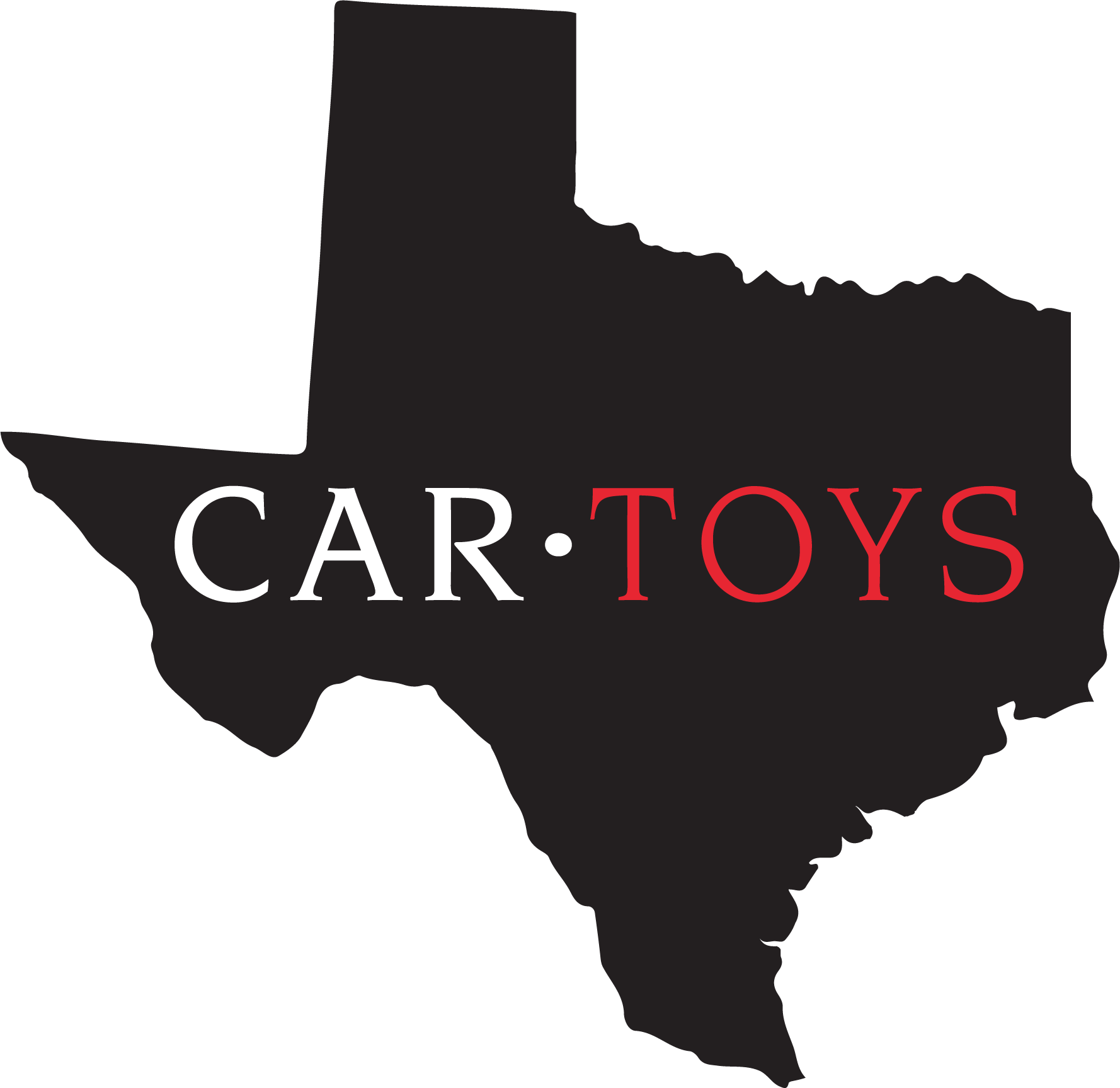 Black silhouette of the state of Texas with the words 'CAR TOYS' in white and red letters over it.