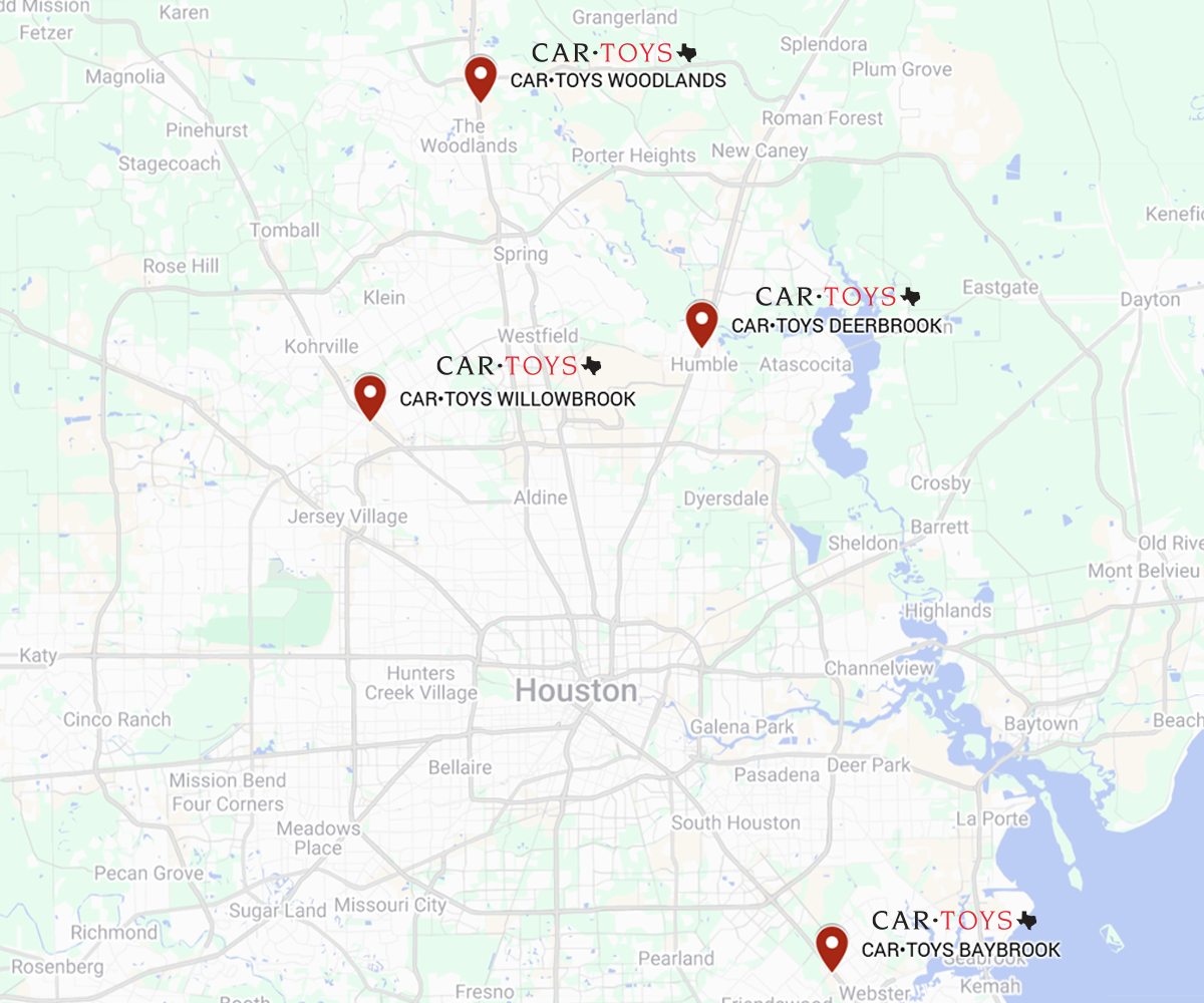 Map of Houston, Texas, showing locations of Car Toys stores in Woodlands, Deerbrook, Willowbrook, and Baybrook.