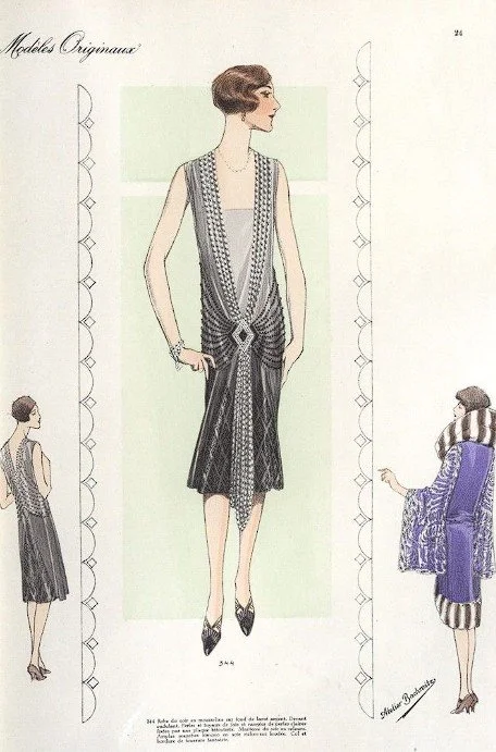 Vintage fashion illustration of a woman in a sleeveless, knee-length dress with intricate black and white geometric patterns, standing with hands in pockets, with a short hairstyle. Smaller sketches of different dress styles are on either side of her.