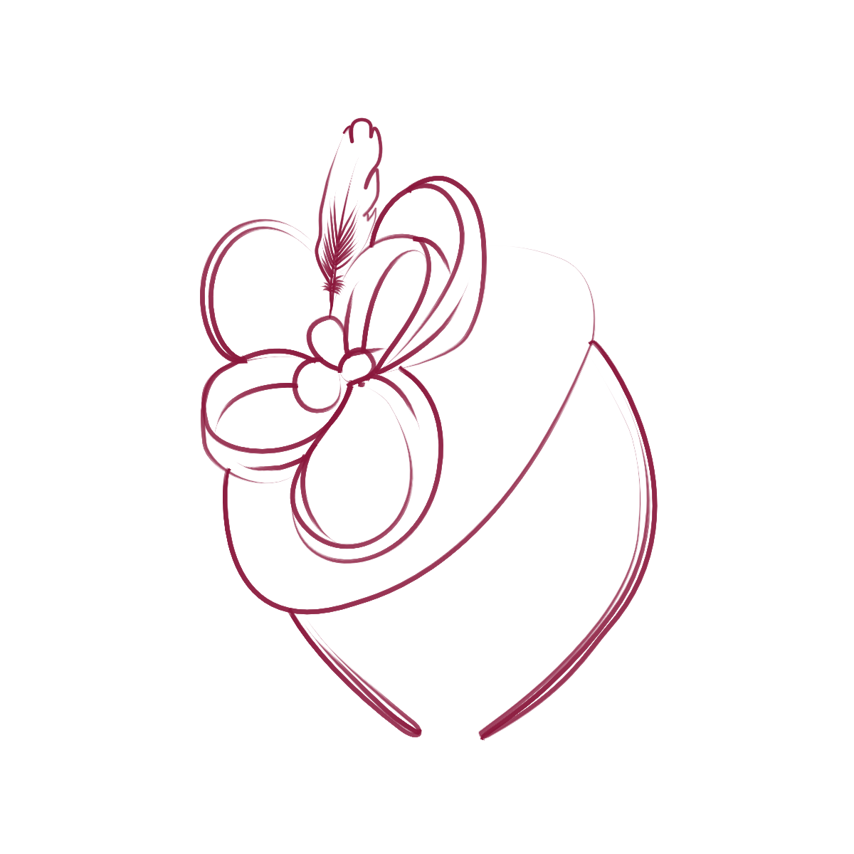 Line drawing of a heart with a flower and a feather on top, colored in dark burgundy against a black background.