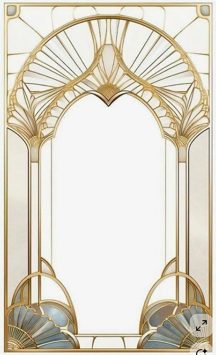Ornate gold architectural design resembling a decorative window or frame with geometric and floral elements.
