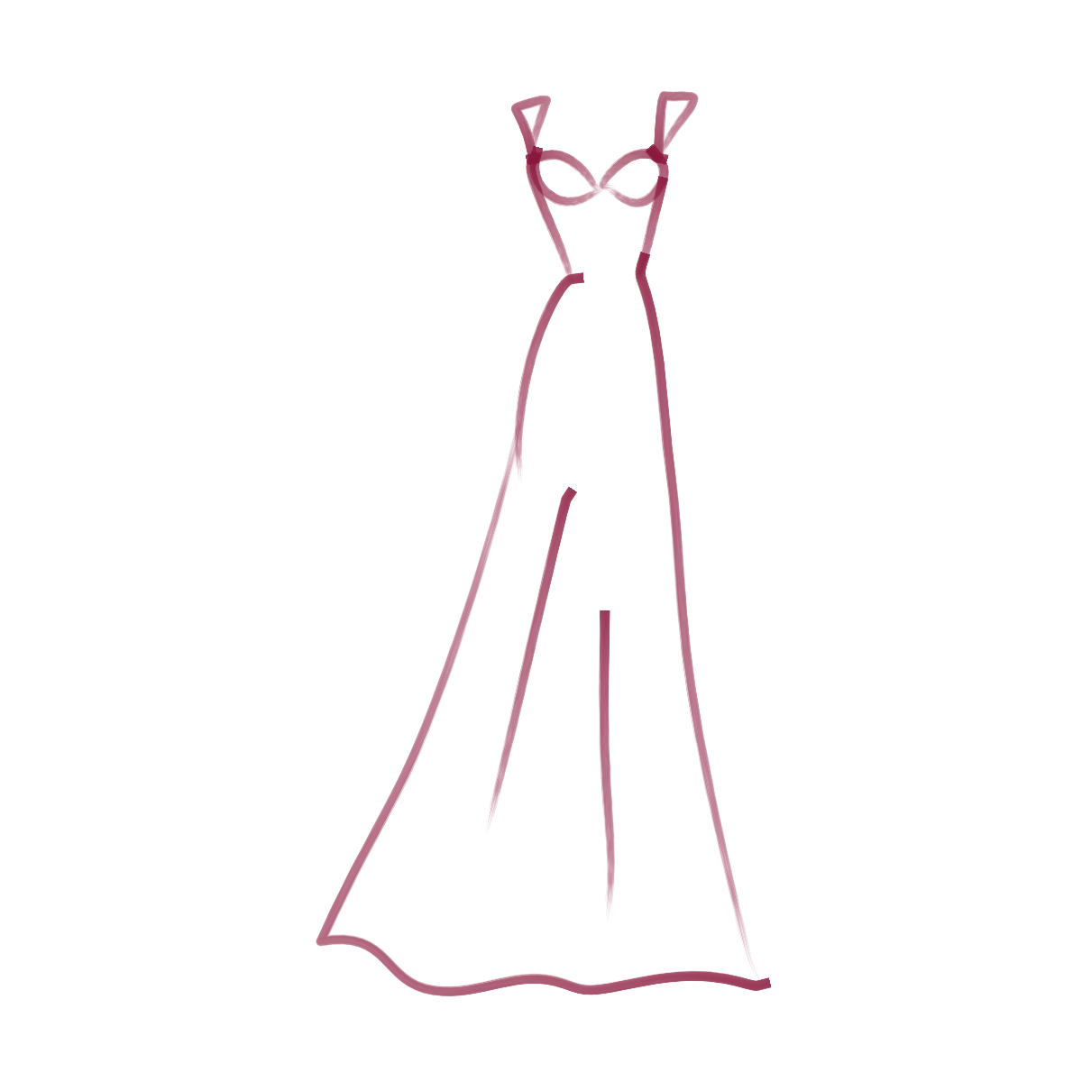A simple line drawing of a long evening gown with a fitted bodice and spaghetti straps, depicted in a dark purple outline.
