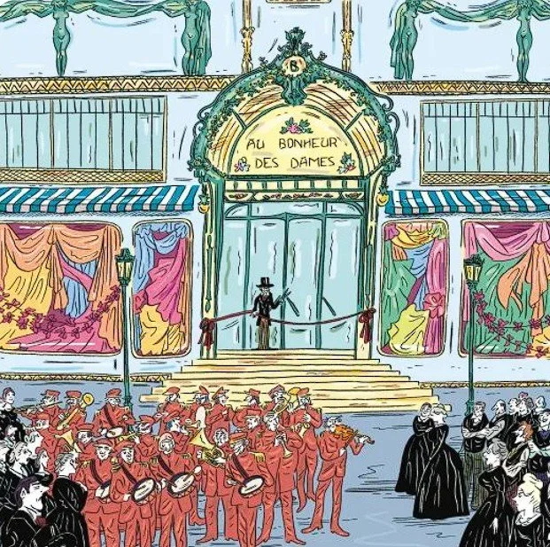 An illustrated scene of a theater with a sign in French that reads 'Au Bonheur Des Dames,' featuring a crowd of people, performers in red costumes holding tambourines, and women in colorful dresses with curtains and decorations.