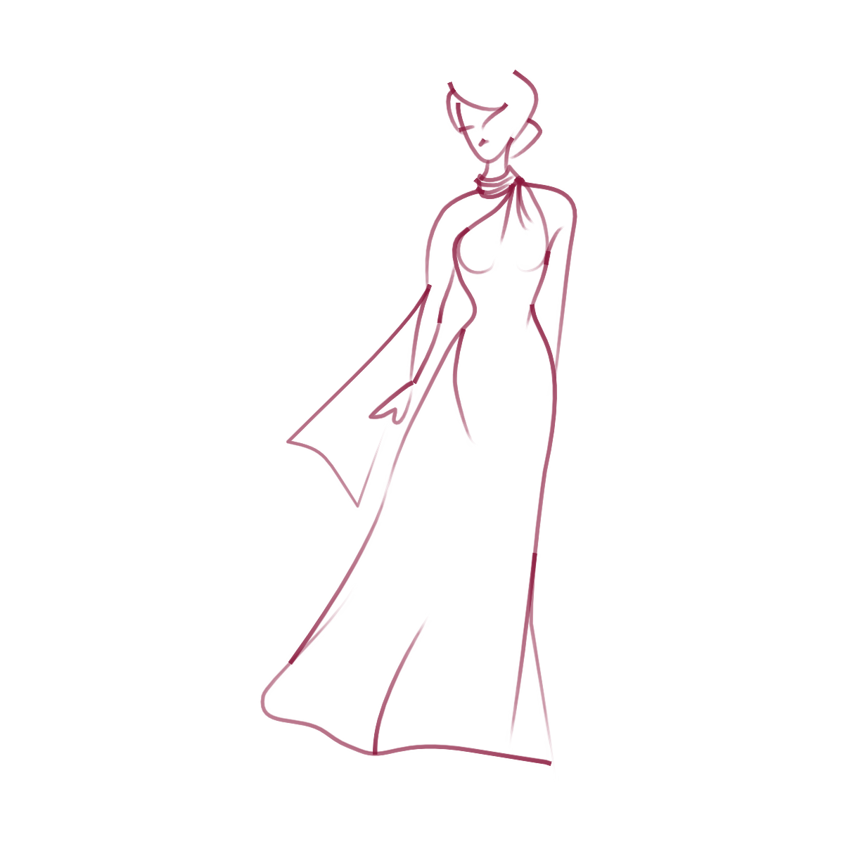 Line drawing of a woman in a long dress with a cape, hair styled in a bun, and a confident pose.