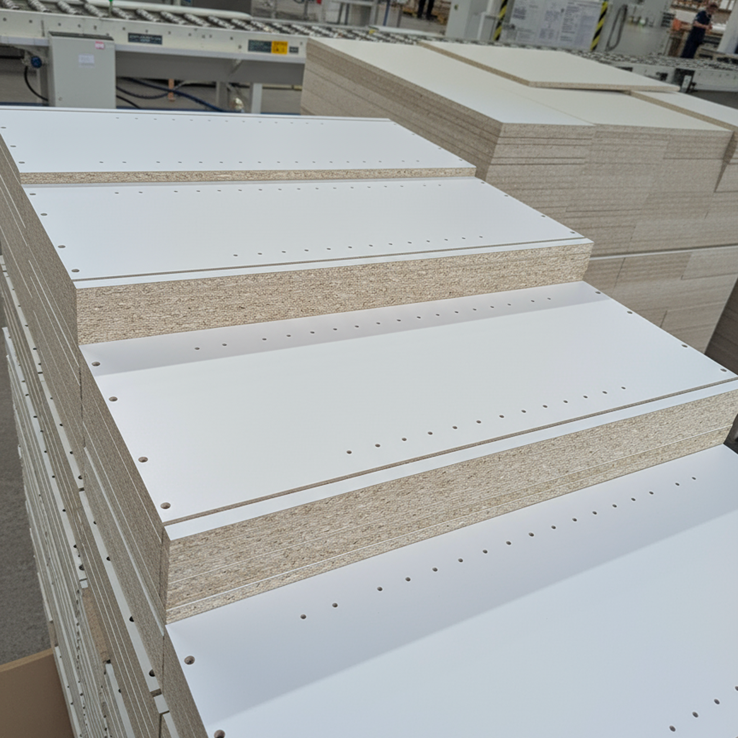 Stacks of wood sheets with white painted front and plywood sides in a manufacturing or warehouse setting.